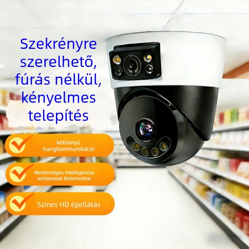 AI‑alapú belső térre szánt gömb alakú otthoni megfigyelő kamera, 360° panorámás látómező, 220V tápegység, automatikus fényerő-kompenzáció, riasztási funkció