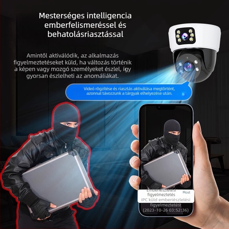 AI‑alapú belső térre szánt gömb alakú otthoni megfigyelő kamera, 360° panorámás látómező, 220V tápegység, automatikus fényerő-kompenzáció, riasztási funkció