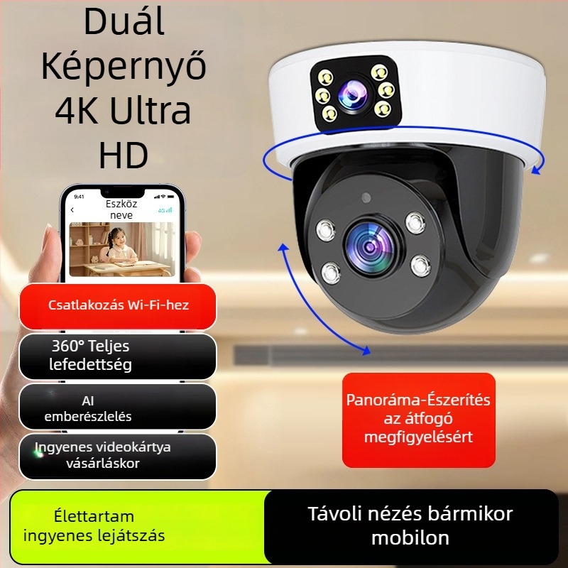 AI‑alapú belső térre szánt gömb alakú otthoni megfigyelő kamera, 360° panorámás látómező, 220V tápegység, automatikus fényerő-kompenzáció, riasztási funkció