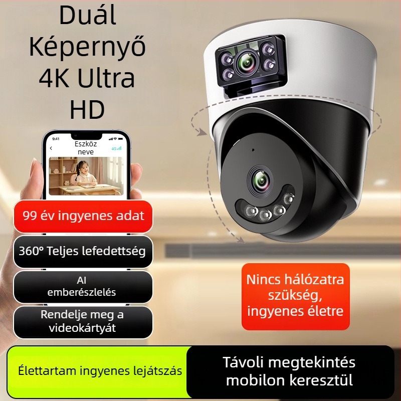 AI‑alapú belső térre szánt gömb alakú otthoni megfigyelő kamera, 360° panorámás látómező, 220V tápegység, automatikus fényerő-kompenzáció, riasztási funkció