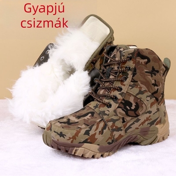 Magas szárú téli csizma kamuflázs mintával, fleece-bélés és gyapjú belsővel, kültéri használatra, talp kopásálló gumiból