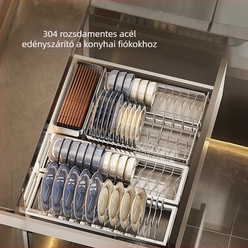 Konyhai szekrényhez tartozó edénytároló polc fiókelválasztóval — 304 rozsdamentes acél, többfunkciós, modern stílus, megjelenés 2025