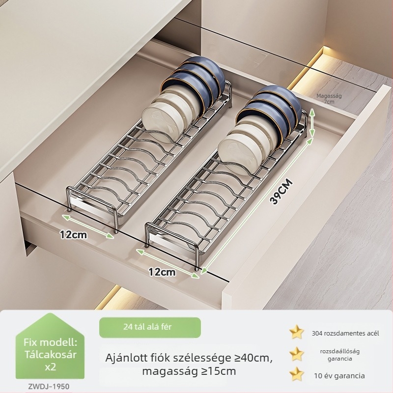 Konyhai szekrényhez tartozó edénytároló polc fiókelválasztóval — 304 rozsdamentes acél, többfunkciós, modern stílus, megjelenés 2025