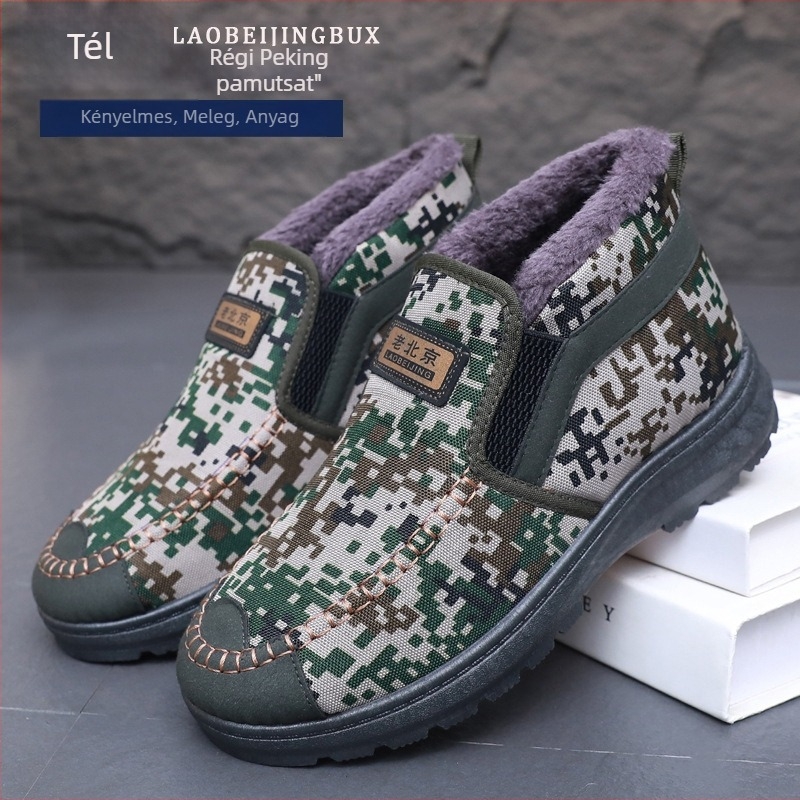 Férfiaknak kamufláz mintás fleece-béléssel ellátott magas szárú slip-on házi papucs, vászon felsőrésszel és gumírozott talppal