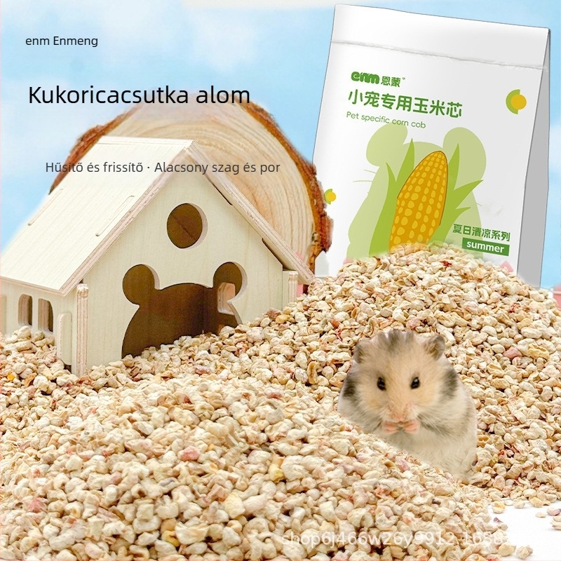 Hamster alom kukoricacsutkából nyári hűtéshez és szagkezeléshez, forgácsokkal és rutinnal