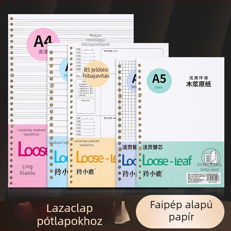 Loose-leaf töltőmag noteszekhez, 60 oldal, lyukak 20/26/30, oldalai rácsos, vonalas és üres, dupla offset papír, modell A4HYX601, Antelope Deer
