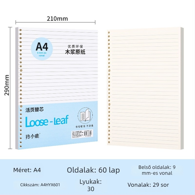 Loose-leaf töltőmag noteszekhez, 60 oldal, lyukak 20/26/30, oldalai rácsos, vonalas és üres, dupla offset papír, modell A4HYX601, Antelope Deer