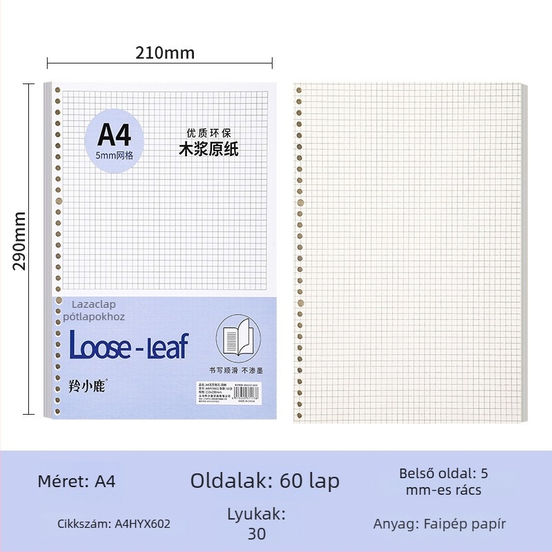 Loose-leaf töltőmag noteszekhez, 60 oldal, lyukak 20/26/30, oldalai rácsos, vonalas és üres, dupla offset papír, modell A4HYX601, Antelope Deer