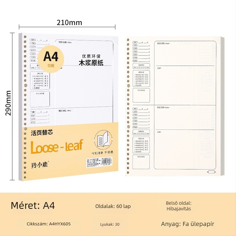 Loose-leaf töltőmag noteszekhez, 60 oldal, lyukak 20/26/30, oldalai rácsos, vonalas és üres, dupla offset papír, modell A4HYX601, Antelope Deer