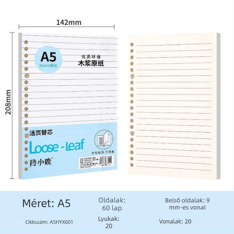 Loose-leaf töltőmag noteszekhez, 60 oldal, lyukak 20/26/30, oldalai rácsos, vonalas és üres, dupla offset papír, modell A4HYX601, Antelope Deer