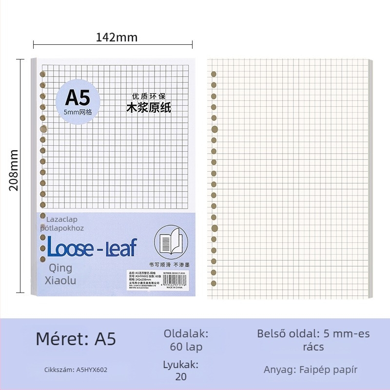 Loose-leaf töltőmag noteszekhez, 60 oldal, lyukak 20/26/30, oldalai rácsos, vonalas és üres, dupla offset papír, modell A4HYX601, Antelope Deer