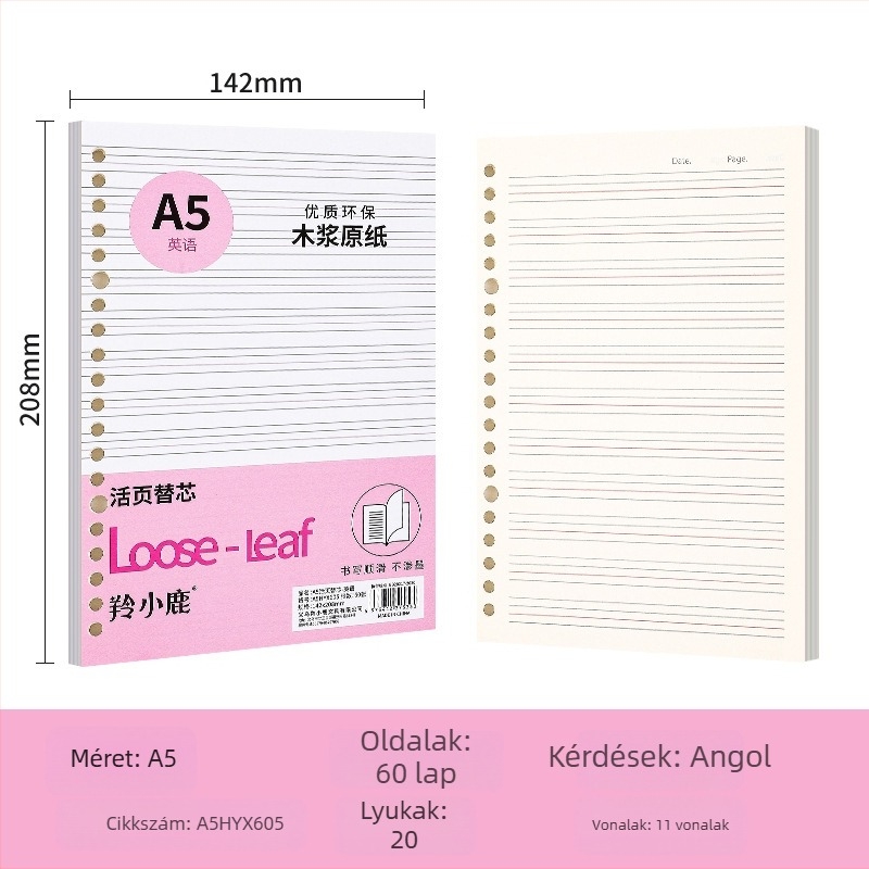 Loose-leaf töltőmag noteszekhez, 60 oldal, lyukak 20/26/30, oldalai rácsos, vonalas és üres, dupla offset papír, modell A4HYX601, Antelope Deer