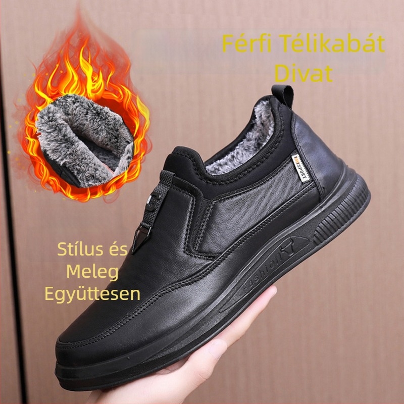 Férfi téli Snow Boots vízálló plüss belsővel, slip-on kialakítás, PU talppal, téli használatra