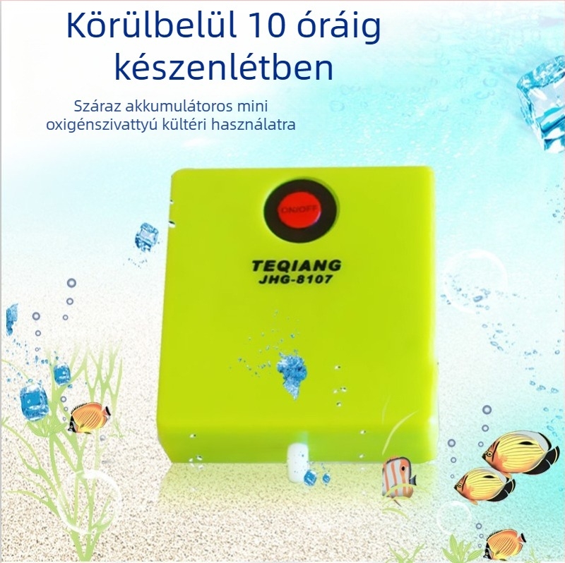 Akvarisztikai oxigénpumpa – mini, akkumulátoros, modell 8107, tömeg 150, DC-üzemű, kültéri használatra és horgászatra