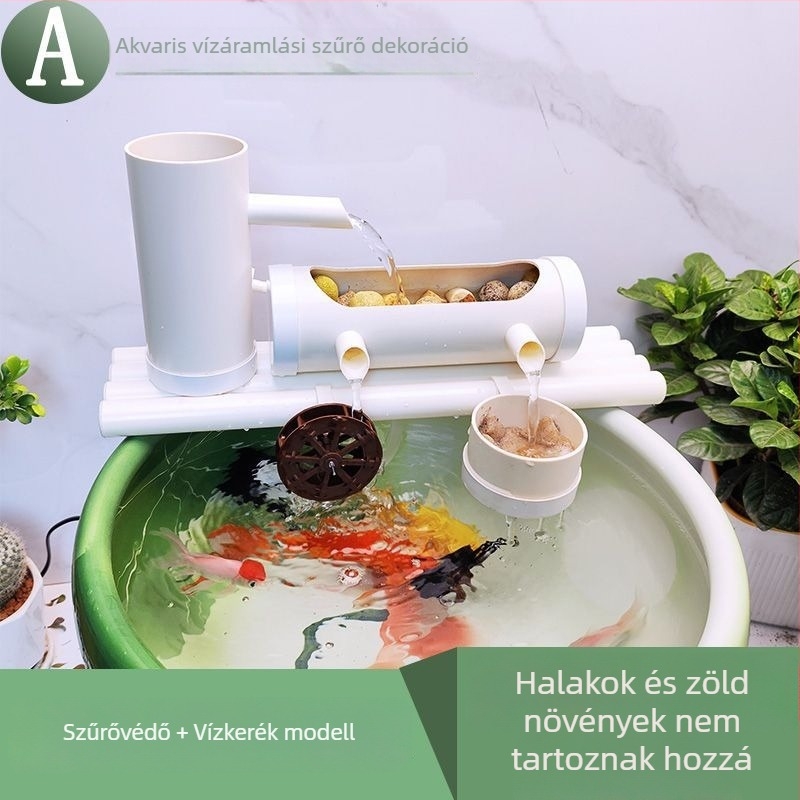 Akvarisztikai vízforgató szivattyú szűrővel és aerációval, kör alakú kerámia dekoratív elem halak és teknősök számára