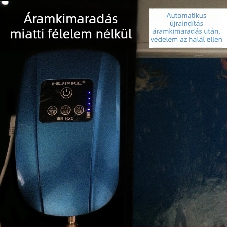 Tölthető AC/DC akváriumi oxigénpumpa; tartalék áramellátás áramszünet esetén; kültéri horgászathoz oxigénellátás; súly 3 kg; nyomás 0,02 MPa.