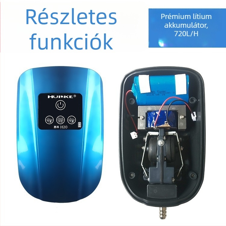 Tölthető AC/DC akváriumi oxigénpumpa; tartalék áramellátás áramszünet esetén; kültéri horgászathoz oxigénellátás; súly 3 kg; nyomás 0,02 MPa.