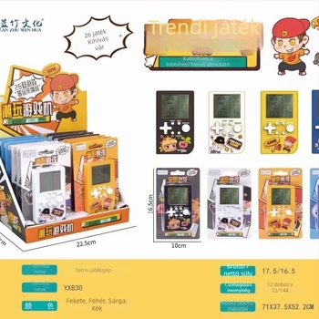 Kézben tartható hordozható játékkonzol aranyos rajzfilmszerű dizájnnal, beépített Tetris klasszikus játékkal, nosztalgikus stílus, gombos elemmel működik