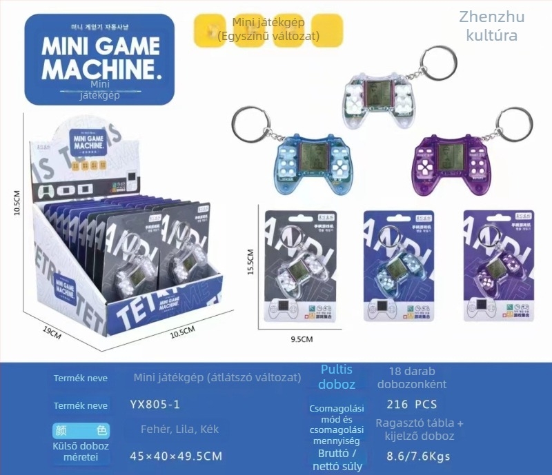 Kézben tartható hordozható játékkonzol aranyos rajzfilmszerű dizájnnal, beépített Tetris klasszikus játékkal, nosztalgikus stílus, gombos elemmel működik