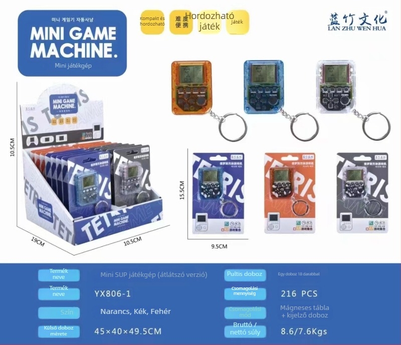 Kézben tartható hordozható játékkonzol aranyos rajzfilmszerű dizájnnal, beépített Tetris klasszikus játékkal, nosztalgikus stílus, gombos elemmel működik