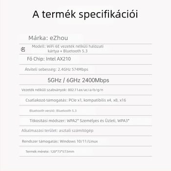 PCIe vezeték nélküli hálózati kártya, WiFi 6 háromsávos 2,4/5/6 GHz, Bluetooth 5.3, AX210, 5374 Mbps