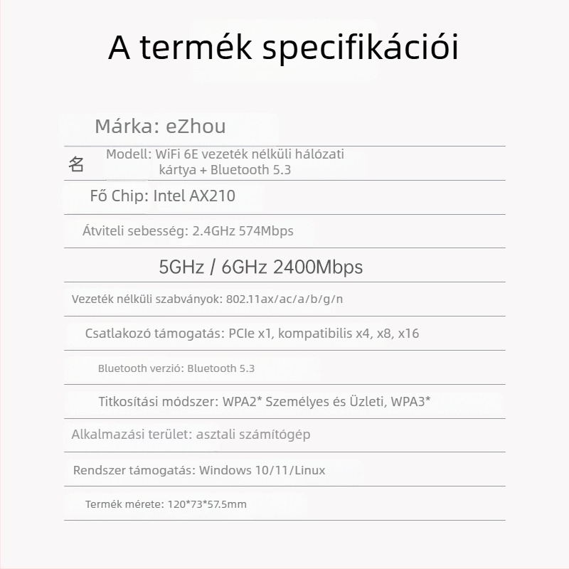 PCIe vezeték nélküli hálózati kártya, WiFi 6 háromsávos 2,4/5/6 GHz, Bluetooth 5.3, AX210, 5374 Mbps