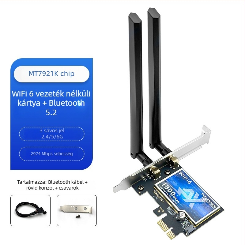 PCIe vezeték nélküli hálózati kártya, WiFi 6 háromsávos 2,4/5/6 GHz, Bluetooth 5.3, AX210, 5374 Mbps