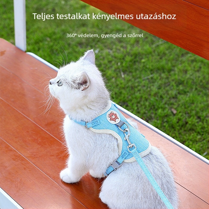 Macska hám és póráz készlet, vászon anyagú, mellkas- és hátoldali hám, sétára