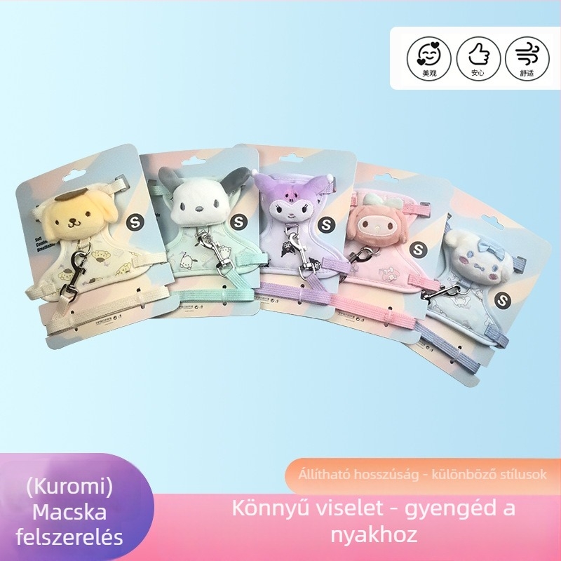 Macska póráz és hám készlet, 3D-s babás dizájn, állítható, poliészter