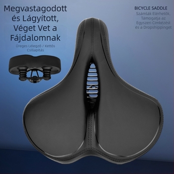 Le Wei kerékpárnyereg, megnagyított, vastagított és puha, univerzális kialakítás; anyagok: PU bőr, magas rugalmasságú memóriahab, PA12 alap, szénacél rezgéscsillapító ív; súly: 790 g klip nélkül