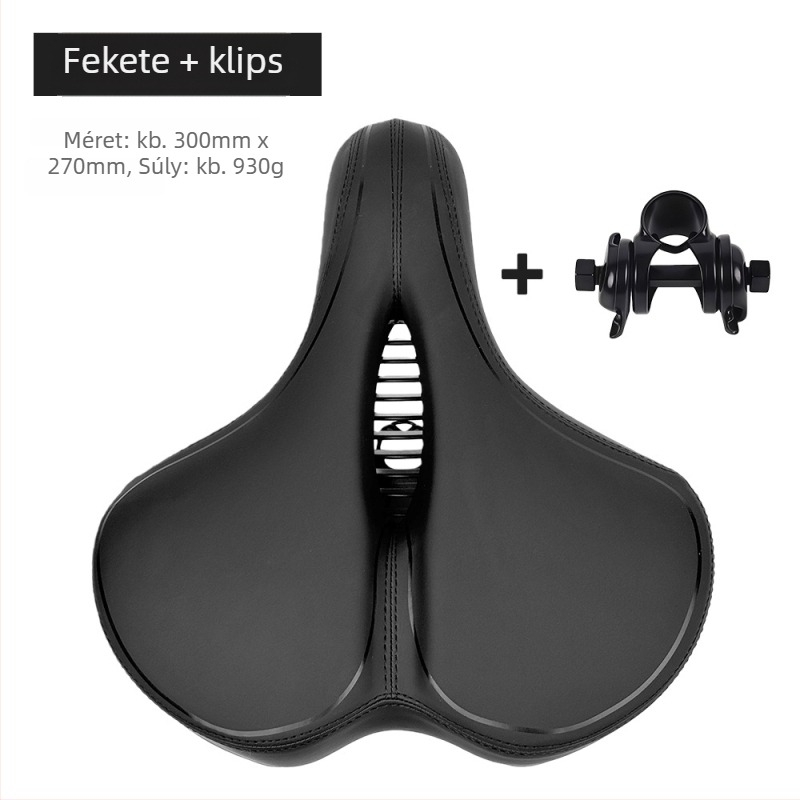 Le Wei kerékpárnyereg, megnagyított, vastagított és puha, univerzális kialakítás; anyagok: PU bőr, magas rugalmasságú memóriahab, PA12 alap, szénacél rezgéscsillapító ív; súly: 790 g klip nélkül