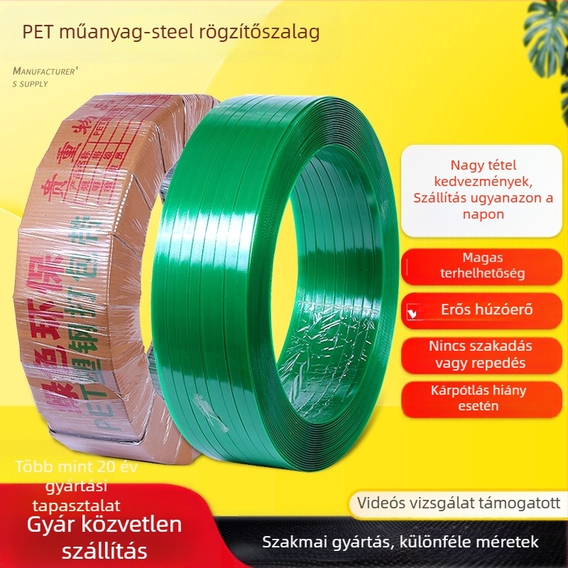 Műanyag‑ocel csomagoló szalag, húzószilárdság 450 kg, külső Ø600 mm, belső Ø400 mm, változatok: 1606/1608/1610/1910