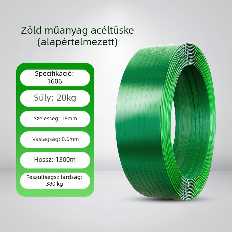 Műanyag‑ocel csomagoló szalag, húzószilárdság 450 kg, külső Ø600 mm, belső Ø400 mm, változatok: 1606/1608/1610/1910