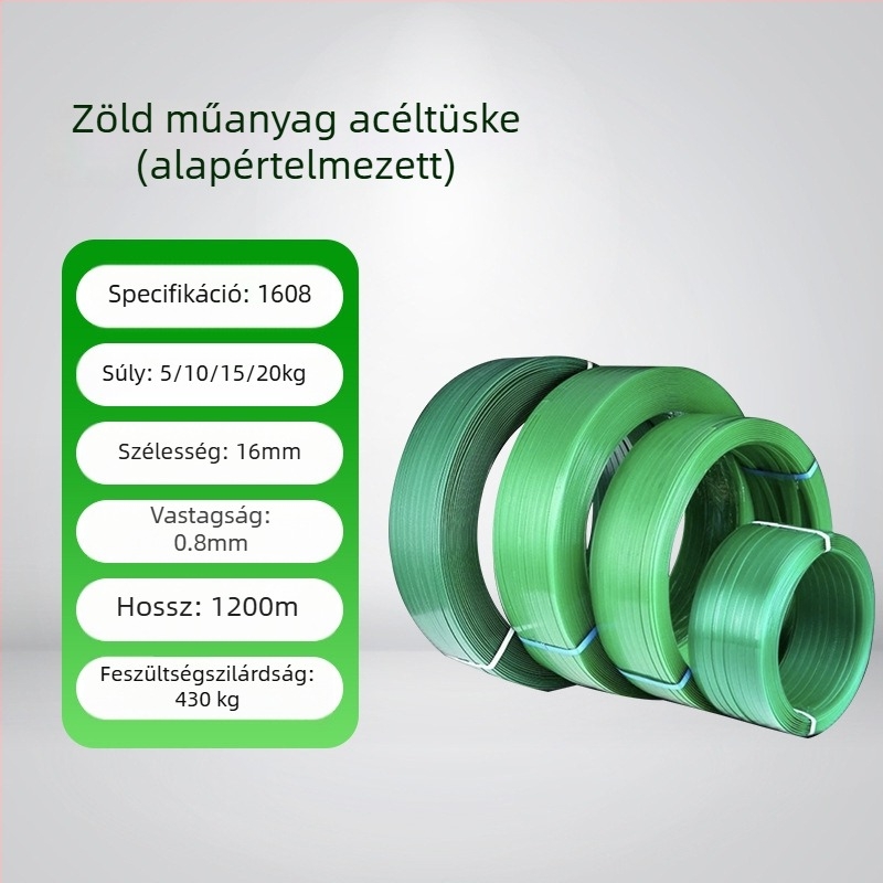 Műanyag‑ocel csomagoló szalag, húzószilárdság 450 kg, külső Ø600 mm, belső Ø400 mm, változatok: 1606/1608/1610/1910