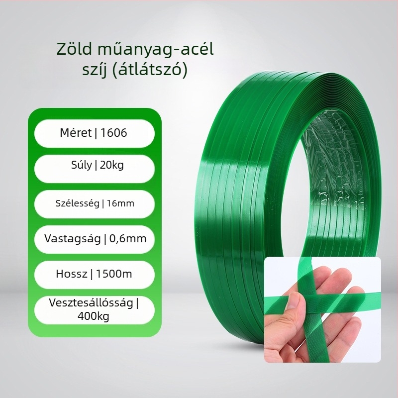 Műanyag‑ocel csomagoló szalag, húzószilárdság 450 kg, külső Ø600 mm, belső Ø400 mm, változatok: 1606/1608/1610/1910