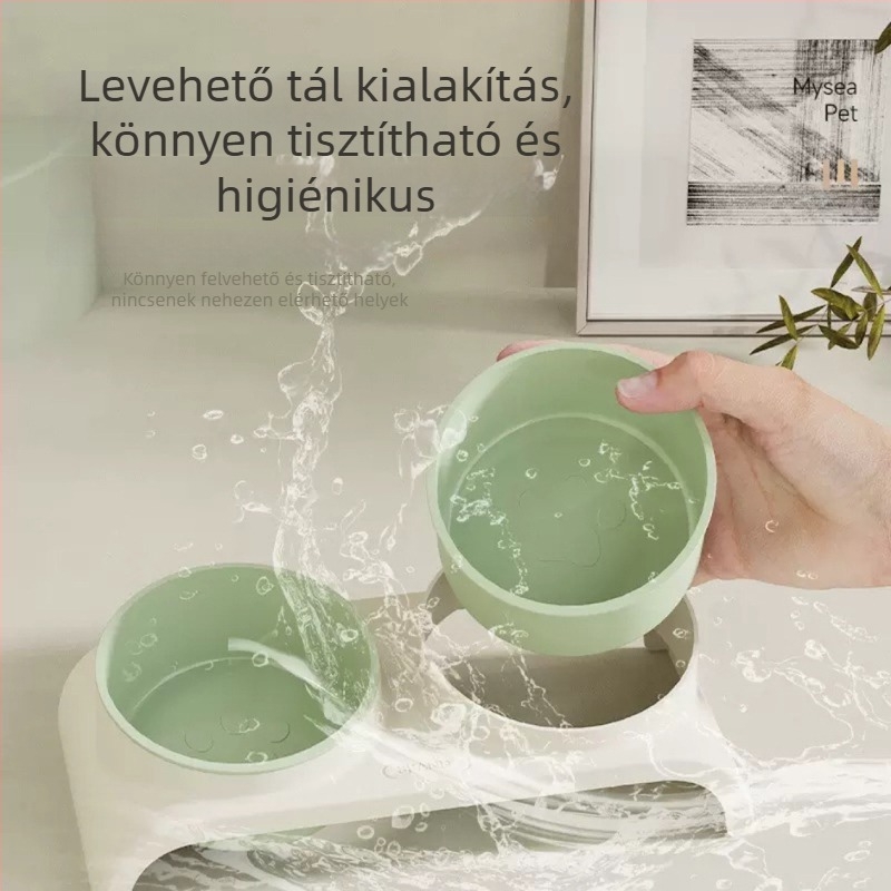 Környezeti szemléletű macskatál, dupla tál, ferde szélű szájjal, víz és étel számára, nyaki védelem és felborulás elleni kialakítás
