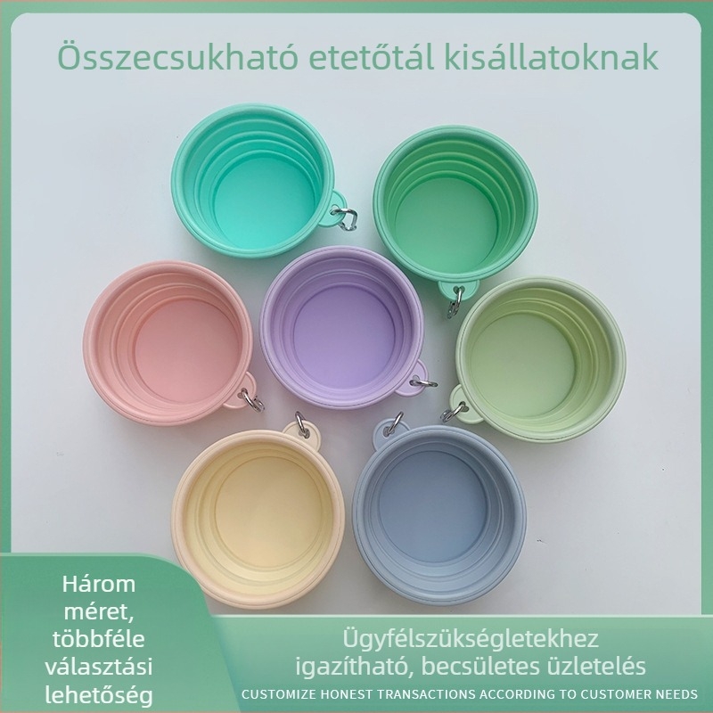Macaron színű összecsukható etetőtál háziállatoknak, kültéri, utazáshoz és sétához ideális, szilikonból