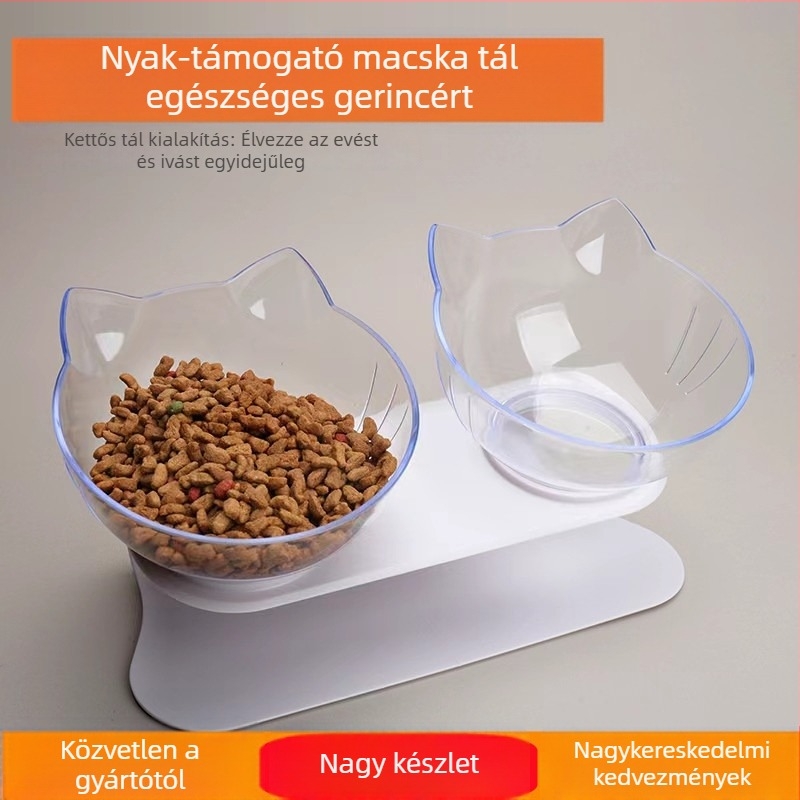 Macska etető- és itató tál, műanyag, kettős tál, ferde perem