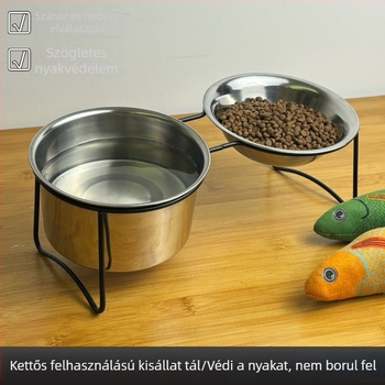 Rozsdamentes acélból készült emelt etetőállvány, kettős tálakkal víznek és élelemnek, macskákhoz tervezett fém keret, anti-tip kialakítás