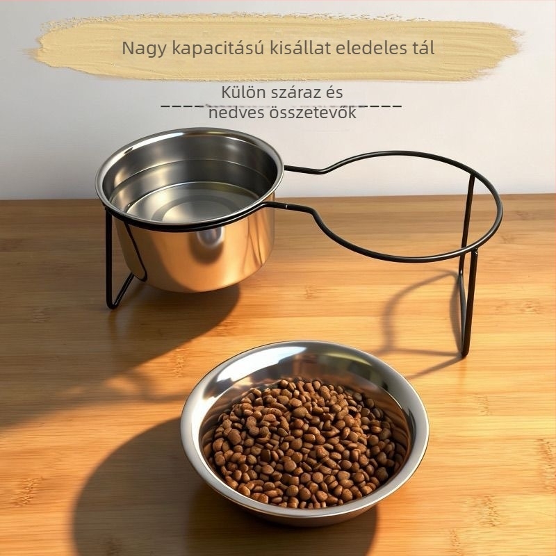 Rozsdamentes acélból készült emelt etetőállvány, kettős tálakkal víznek és élelemnek, macskákhoz tervezett fém keret, anti-tip kialakítás