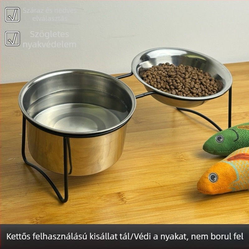 Rozsdamentes acélból készült emelt etetőállvány, kettős tálakkal víznek és élelemnek, macskákhoz tervezett fém keret, anti-tip kialakítás