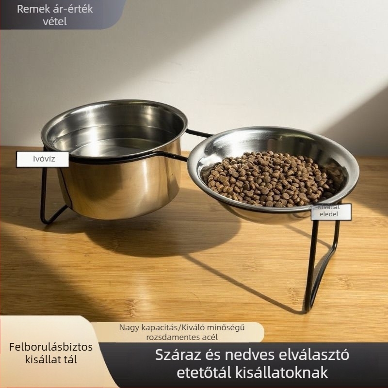 Rozsdamentes acélból készült emelt etetőállvány, kettős tálakkal víznek és élelemnek, macskákhoz tervezett fém keret, anti-tip kialakítás