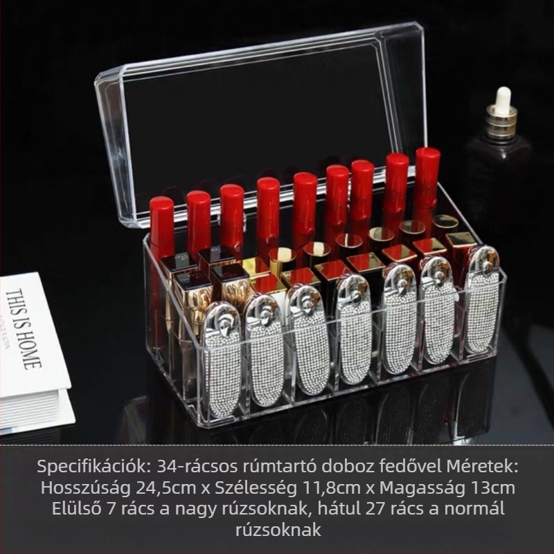 Akril rúzstároló – porvédett kozmetikai tároló asztalhoz vagy internátusba, minimalist stílusban, 2023-ban bemutatva