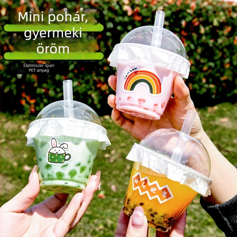 Mini egyszer használatos műanyag pohár fedővel, teához és kávéhoz, 100 ml alatt, rajzolt dizájn