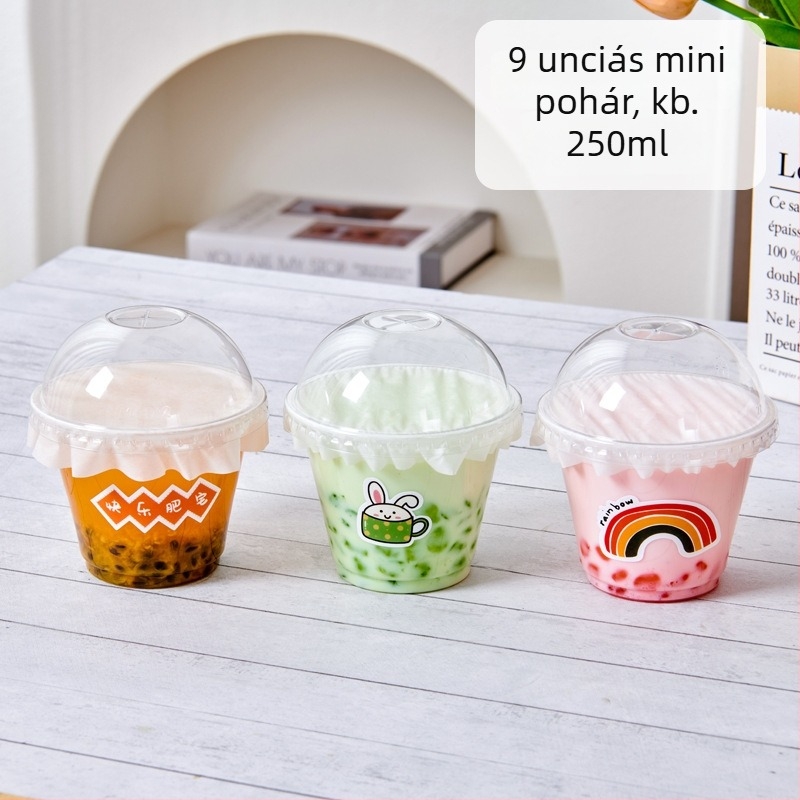Mini egyszer használatos műanyag pohár fedővel, teához és kávéhoz, 100 ml alatt, rajzolt dizájn