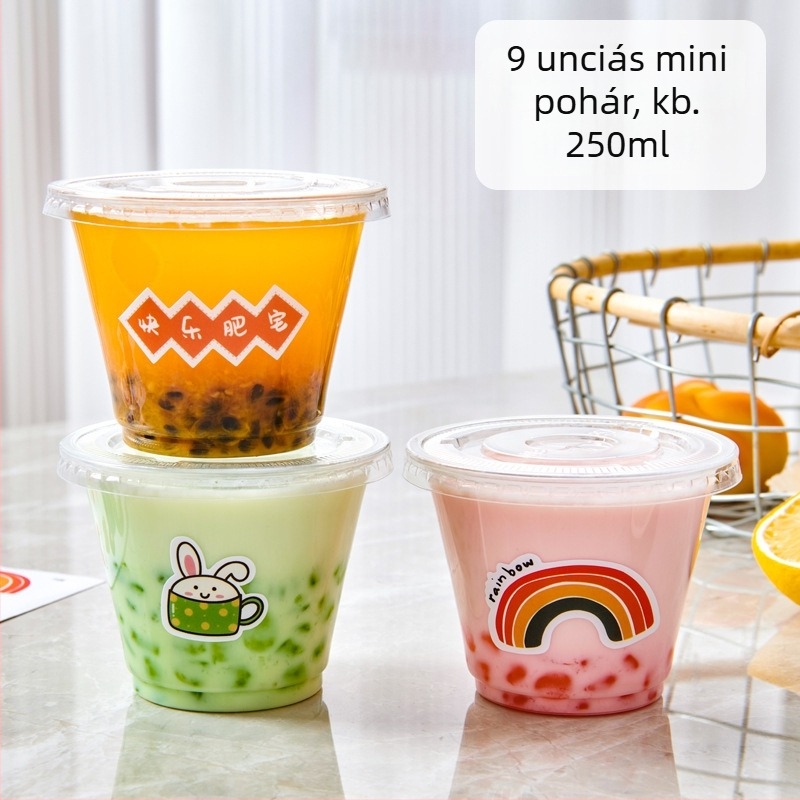 Mini egyszer használatos műanyag pohár fedővel, teához és kávéhoz, 100 ml alatt, rajzolt dizájn