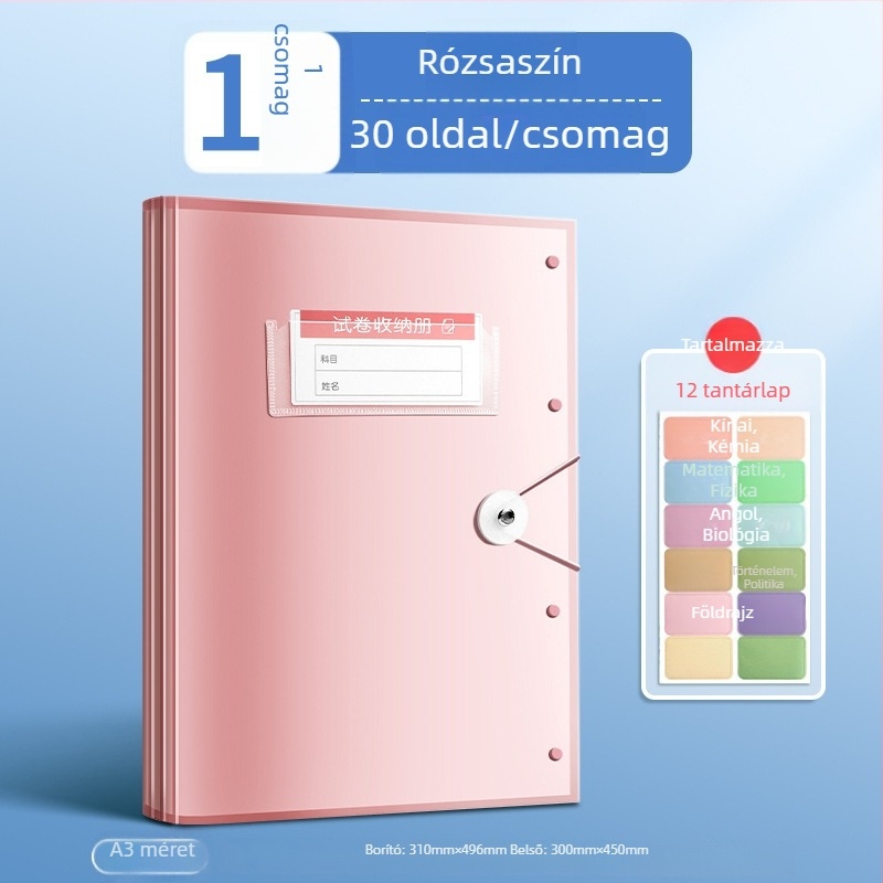 Tesztlapok tároló irattartó átlátszó betétekkel, True Color márka, ZCT-1530D modell, műanyag