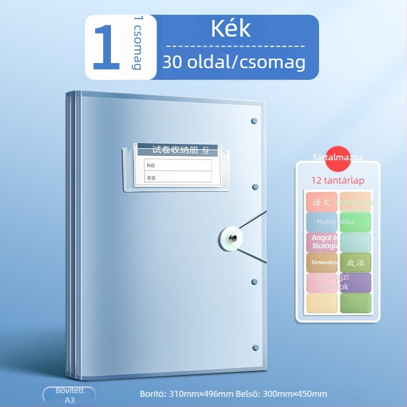 Tesztlapok tároló irattartó átlátszó betétekkel, True Color márka, ZCT-1530D modell, műanyag