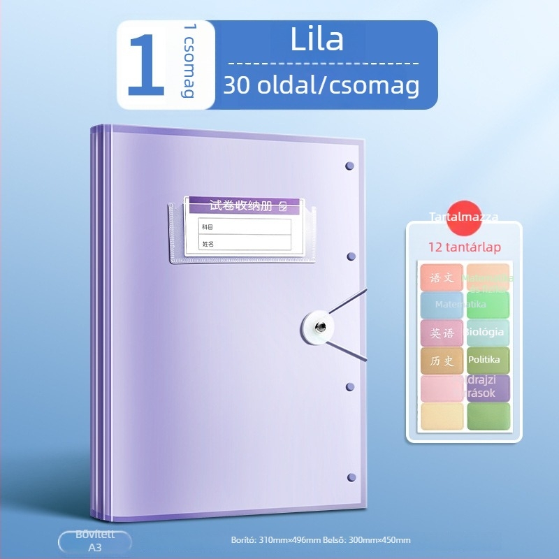 Tesztlapok tároló irattartó átlátszó betétekkel, True Color márka, ZCT-1530D modell, műanyag