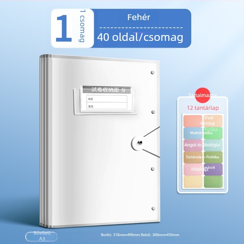 Tesztlapok tároló irattartó átlátszó betétekkel, True Color márka, ZCT-1530D modell, műanyag
